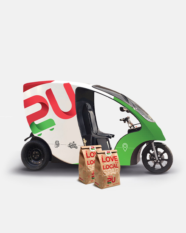 SPAR2U delivery bike, paper shopping bag and app screen