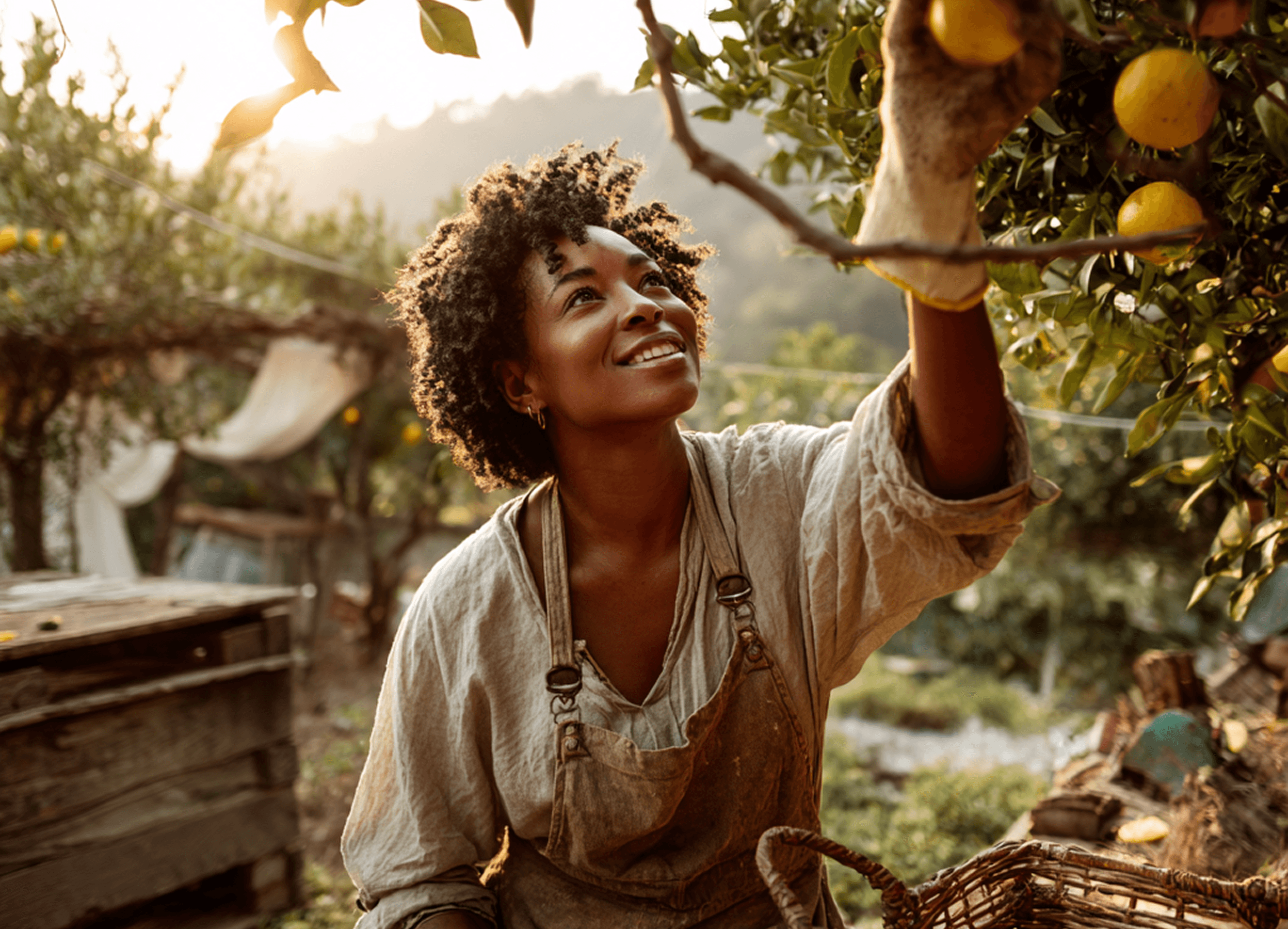 Lady picking oranges in nature