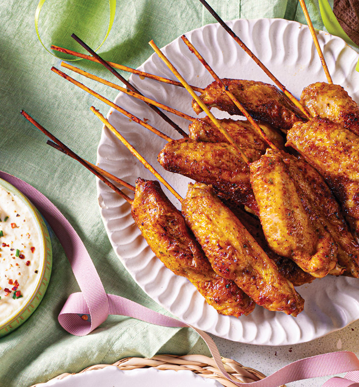Skewered Chicken Wings and Blue Cheese Dipping Sauce