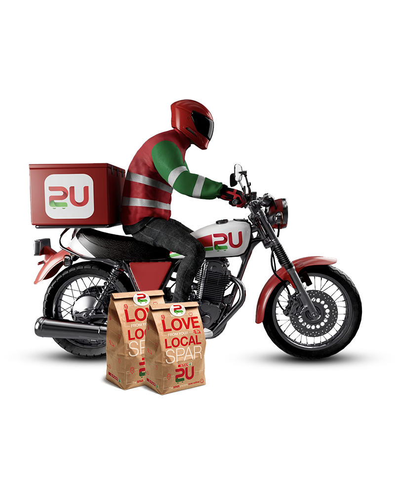 SPAR2U delivery bike, paper shopping bag and app screen