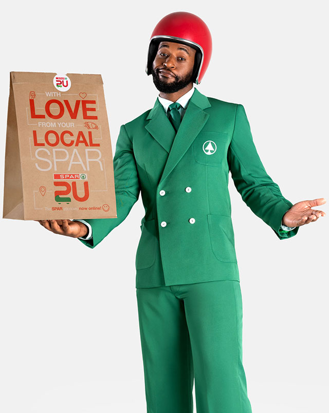 SPAR2U delivery bike, paper shopping bag and app screen
