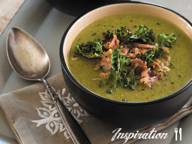 Thick Leek, Cauliflower and Kale Soup with Crispy Bacon