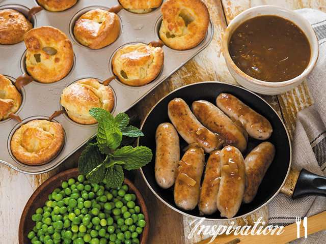 Onion and Herb Sausages with Yorkshire Puds and Homemade Gravy
