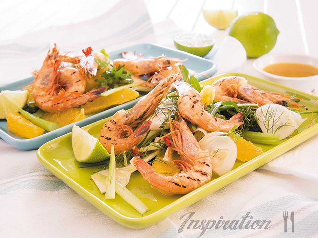 Orange and Fennel Prawns on Braai with Fresh Rocket Salad