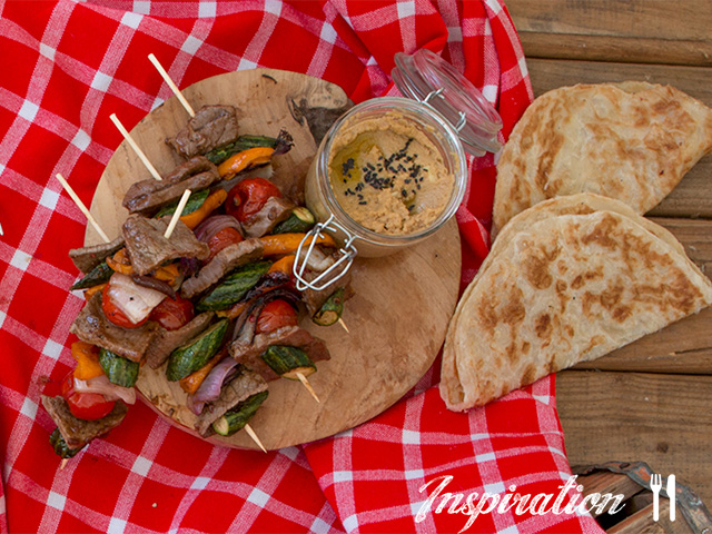 Roast Beef Kebabs with Hummus and Flat Bread